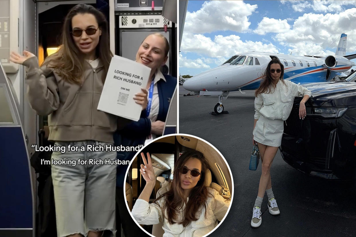 Proud gold digger Karolina Geits took dating adverts to bold new heights after expressing her desire for a wealthy husband......over an airplane intercom, as seen in a video with over 1.5 million views on TikTok.
