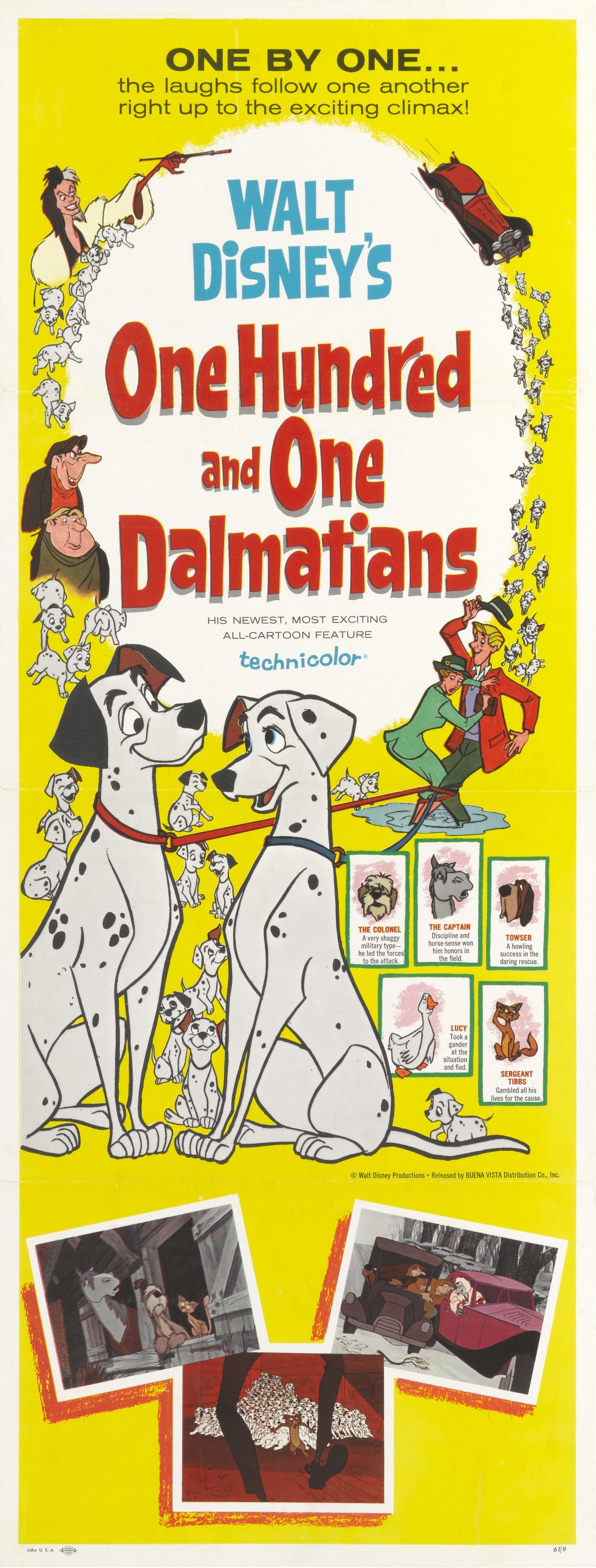 A poster for the Walt Disney movie '101 Dalmatians' ('One Hundred and One Dalmatians'), 1961.  (Photo by Movie Poster Image Art/Getty Images)