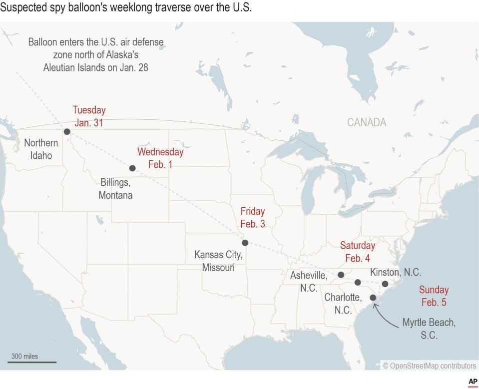 The path of a Chinese spy balloon that traveled across the United States, including over sensitive nuclear facilities in Oak Ridge, Tennessee.