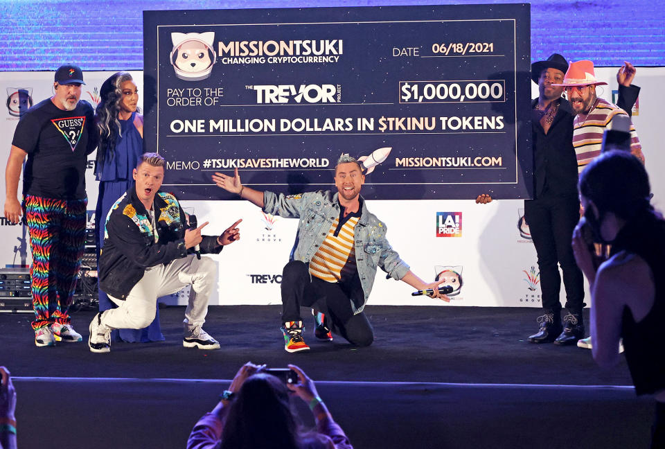 <p>Joey Fatone and Lance Bass of NSYNC and Nick Carter and AJ McLean of Backstreet Boys team up for Bingo Under the Stars in Los Angeles in honor of Pride Month.</p>