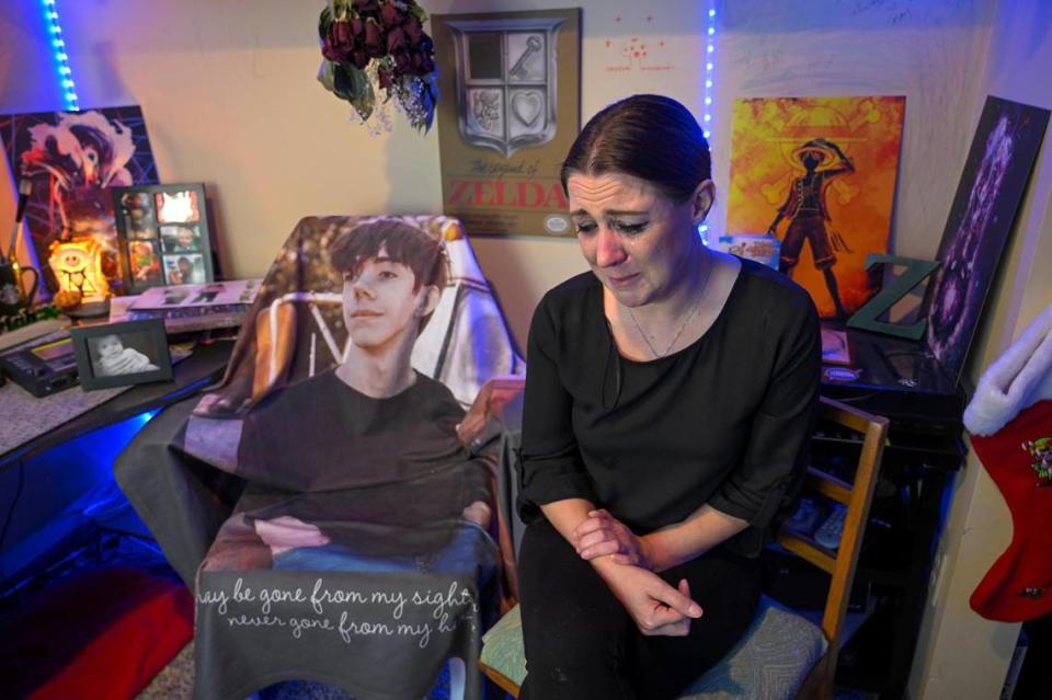 Gabrielle Anderson of Blue Springs, Missouri, is grief-stricken over the death of her firstborn son, Zach Anderson, 17, who died in January of fentanyl poisoning. She often spends time in his room to feel close to him.