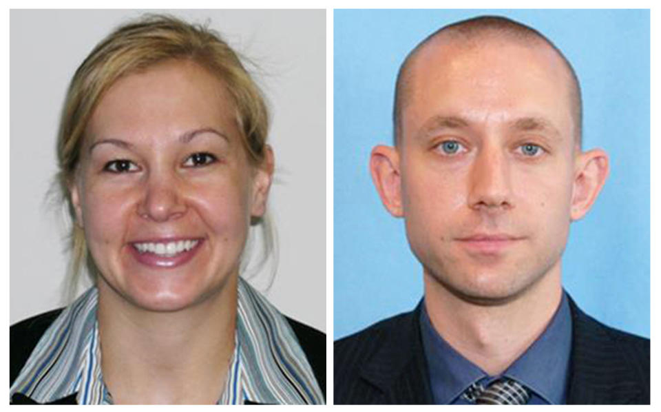These photo released by the FBI show agents Laura Schwartzenberger, left, and FBI agent Daniel Alfin. The two were fatally shot Tuesday, Feb. 2, 2021, while serving a search warrant at the home of child pornography suspect David Huber, a 55-year-old computer technician in Sunrise, Fla. Three other agents were wounded. (FBi via AP)