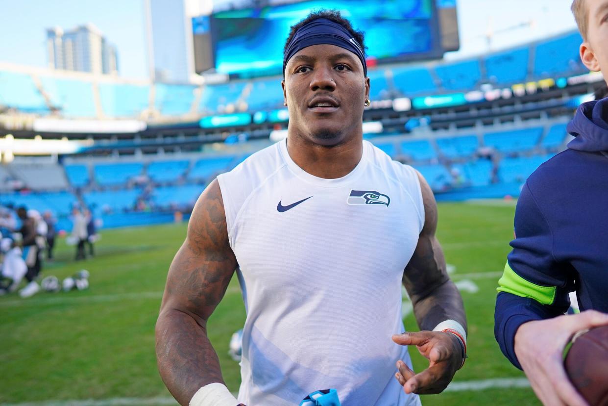 Chris Carson #32 of the Seattle Seahawks after their game against the Carolina Panthers at Bank of America Stadium on December 15, 2019 in Charlotte, North Carolina.