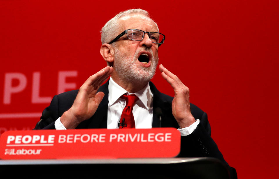 Britain's Labour Party leader Jeremy Corbyn speaks during the Labour party annual conference in Brighton, Britain September 24, 2019.  REUTERS/Peter Nicholls