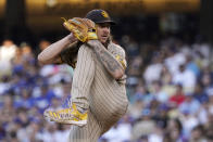 San Diego Padres starting pitcher Mike Clevinger throws to the plate during the third inning of a baseball game against the Los Angeles Dodgers Saturday, Aug. 6, 2022, in Los Angeles. (AP Photo/Mark J. Terrill)