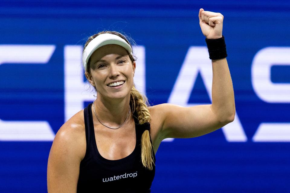 Danielle Collins celebrates her win over Japan's Naomi Osaka during their 2022 US Open Tennis tournament women's singles first round match at the USTA Billie Jean King National Tennis Center in New York, on August 30, 2022.