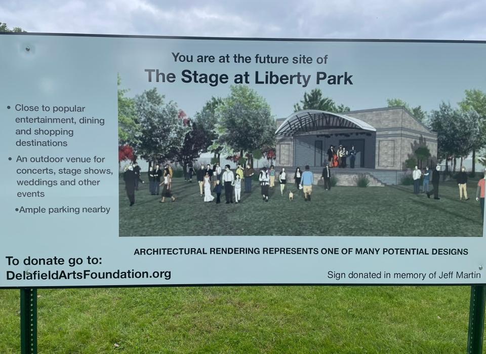 A sign has been placed in Liberty Park in the city of Delafield with a rendering of what a stage could look like in Liberty Park.