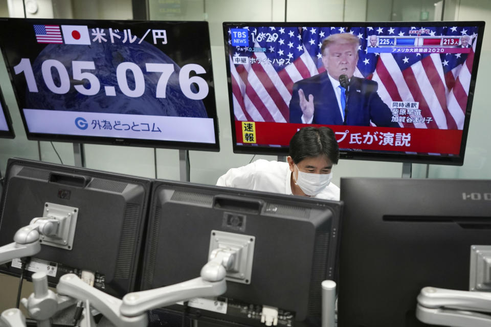 An employee works near a TV monitor showing a live broadcasting of the press conference by President Donald Trump, at a foreign exchange dealing company Wednesday, Nov. 4, 2020, in Tokyo. (AP Photo/Eugene Hoshiko)
