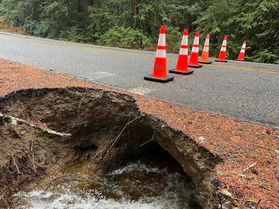 Sunnyslope Road between SW Lake Flora Road and Cynthia Lane in South Kitsap will be closed indefinitely, according to Kitsap County, after this week's heavy rains led to an issue that caused part of the road to collapse.