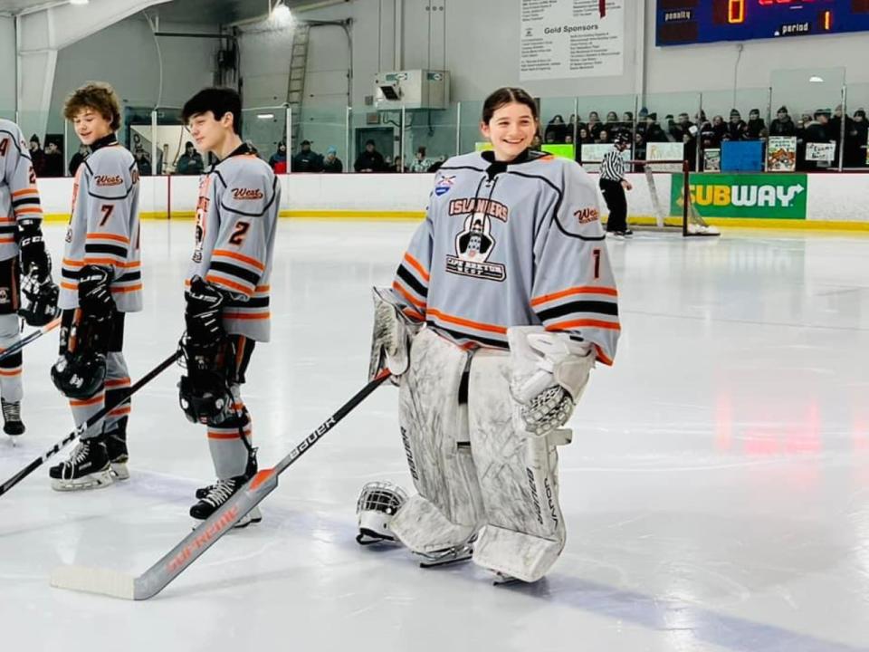 Rhyah Stewart of Antigonish, N.S., played for the Cape Breton West Islanders in the Nova Scotia U18 Hockey League last season. She is now in a training camp for the Cape Breton Screaming Eagles of the Quebec Major Junior Hockey League. (John Campbell - image credit)