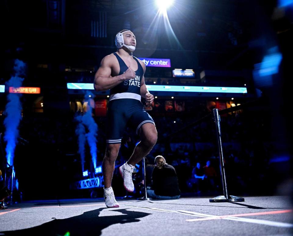 Penn State’s Aaron Brooks runs out for his 197 lb championship bout of the Big Ten Wrestling tournament at the Xfinity Center at the University of Maryland on Sunday, March 10, 2024. Abby Drey/adrey@centredaily.com