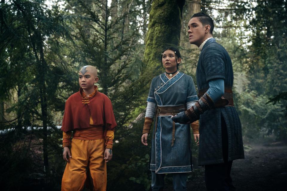 Gordon Cormier as Aang, Kiawentiio as Katara, and Ian Ousley as Sokka in season 1 of Avatar: The Last Airbender.