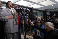 Rev. Marvin Hunter, Laquan McDonald's great-uncle, speaks to reporters after a judge acquitted three Chicago police officers of trying to cover up the 2014 shooting of black teenager Laquan McDonald, Thursday, Jan. 17, 2019, in Chicago. Judge Domenica Stephenson said that after considering all of the evidence, including police dashcam video of the killing, she didn't find that officer Thomas Gaffney, Joseph Walsh and David March conspired to cover up the shooting. The officer who shot McDonald 16 times, Jason Van Dyke, was convicted of murder in October and is due to be sentenced Friday.(AP Photo/Nam Y. Huh)