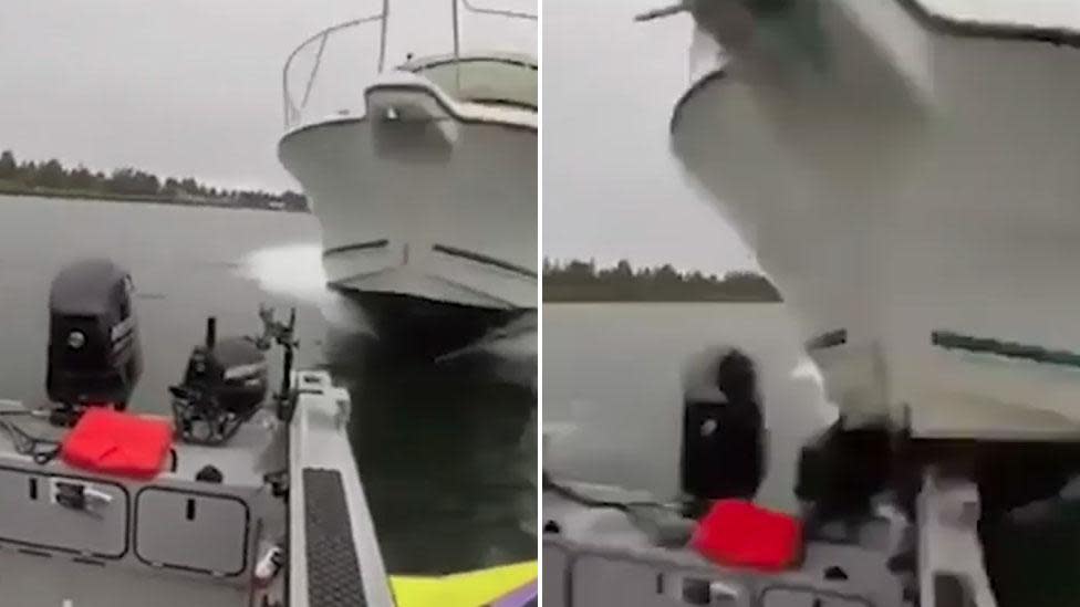 WATCH: Unbelievable moment one boat rams into another, sending three  jumping into freezing water