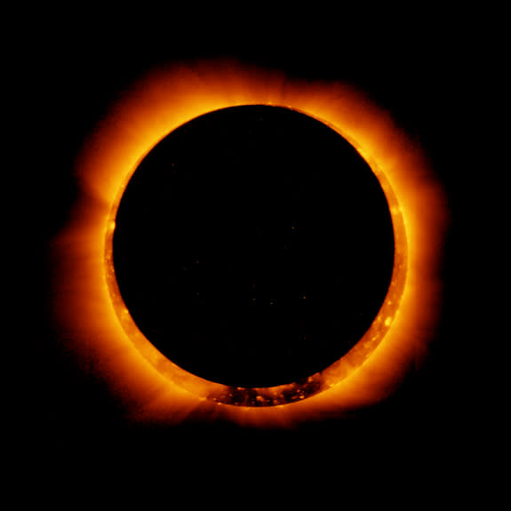 On Jan. 4, 2011, the moon passed in front of the sun in a partial solar eclipse - as seen from parts of Earth. Here, the joint Japanese-American Hinode satellite captured the same breathtaking event from space. The unique view created what's ca