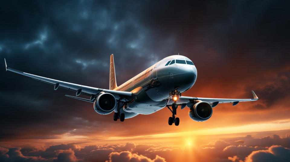 A commercial aircraft in flight, its engines illuminated against a dramatic sky.