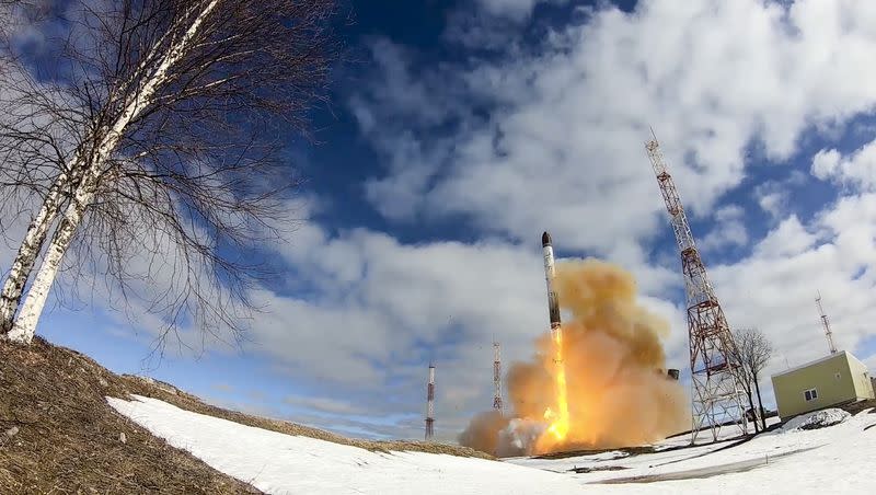 In this handout photo released by Russian Defense Ministry Press Service on April 20, 2022, a Sarmat intercontinental ballistic missile is launched from Plesetsk in northwestern Russia. Russia said it conducted a first test launch of the missile, a new and long-awaited addition to its nuclear arsenal.