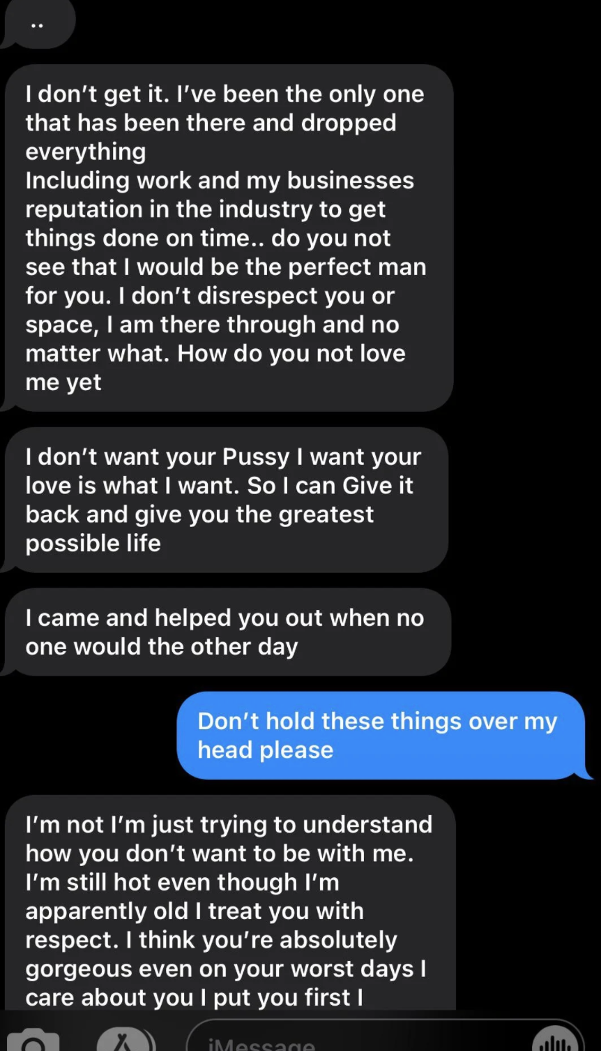 Text from man telling woman "I'm still hot even though apparently old I treat you with respect. I think you're absolutely gorgeous even on your worst days I care about you I put you first..."