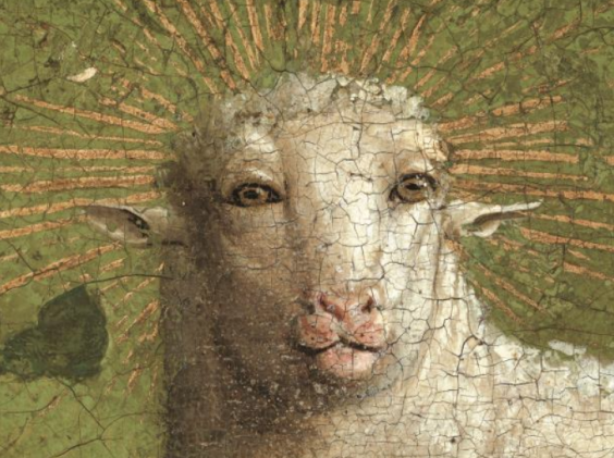 The rejuvenated face of Van Eyck’s Adoration of the Mystic Lamb. Removal of 16th century overpainting has revealed a visage closer to that which the artist intended (Sint-Baafskathedraal Gent © Lukasweb.be-Art in Flanders vzw, foto KIK-IRPA)