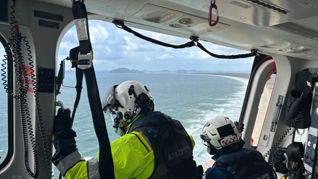 The Hunter Westpac rescue helicopter crew searching for the missing helicopter between Yacaaba Headland and Broughton Island at Port Stephens on October 27, 2023.
