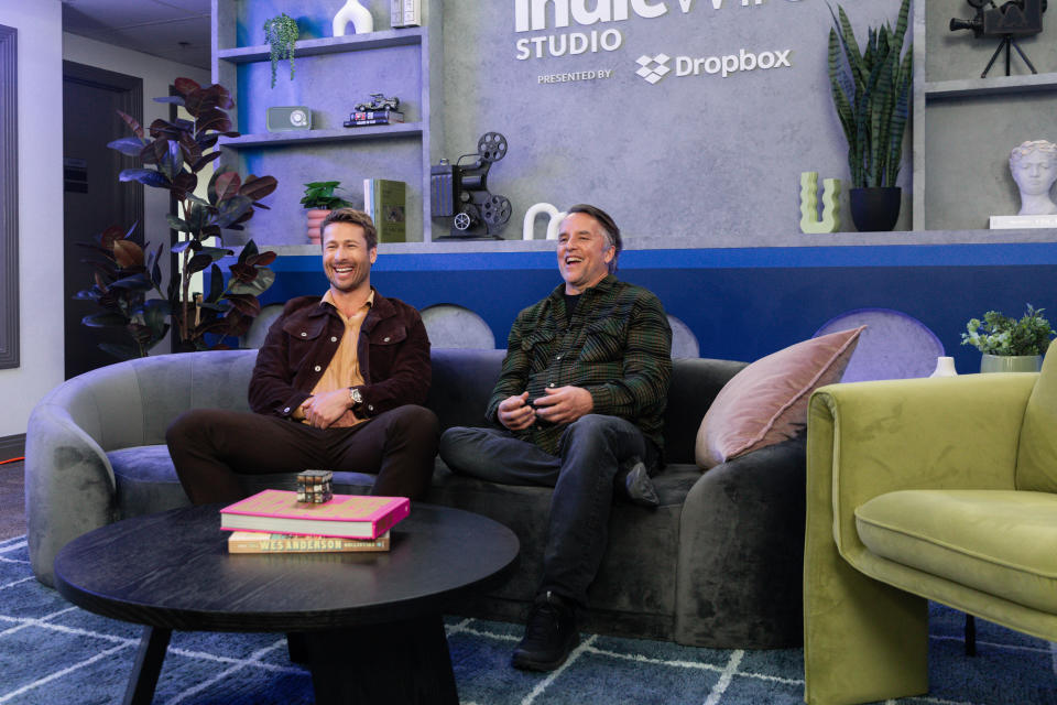 Glen Powell and Richard Linklater at the IndieWire Sundance Studio, Presented by Dropbox held on January 21, 2024 in Park City, Utah. (Photo by Anna Pocaro/IndieWire via Getty Images)