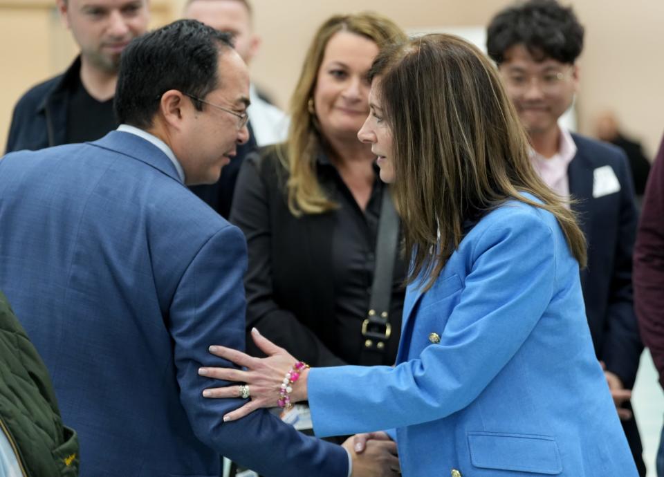 Congressman Andy Kim congratulates First Lady Tammy Murphy after the ballot count of the Bergen County Democratic Convention, at the International Brotherhood of Electrical Workers Hall, Local 164, Monday, March 4, 2024, in Paramus. Murphy won with more than 60% of the vote.