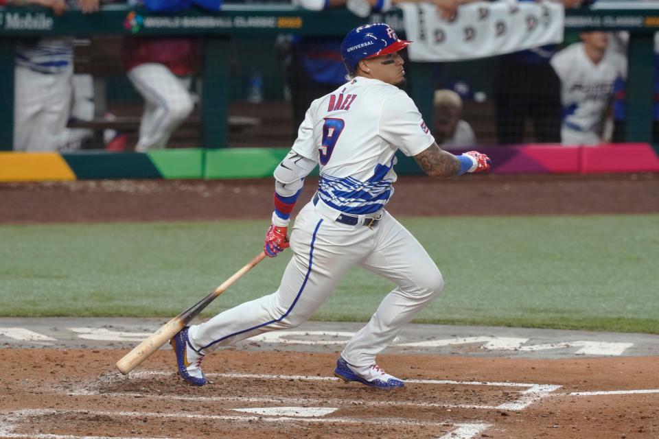 Puerto Rico Javier Baez singles to right field during the fifth inning of a World Baseball Classic game against Nicaragua, Saturday, March 11, 2023, in Miami.