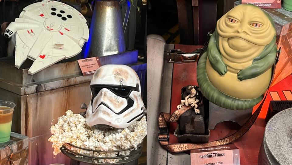 The new Seaso of the Force popcorn buckets, including Jabba the Hutt, the salavaged Stormtrooper helmet, and the Millennium Falcon.