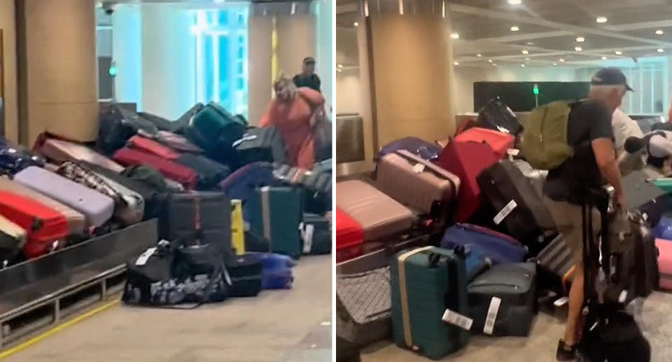 Luggage from a Jetstar flight from Brisbane strewn piled up next to the baggage carousel at Denpasar airport.