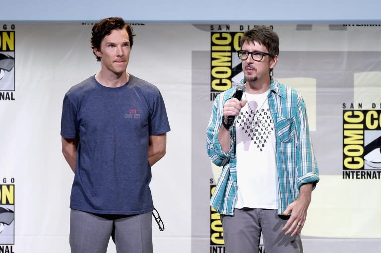 Actor Benedict Cumberbatch (L) and director Scott Derrickson attend a presentation during Comic-Con International 2016, at San Diego Convention Center in California, on July 23