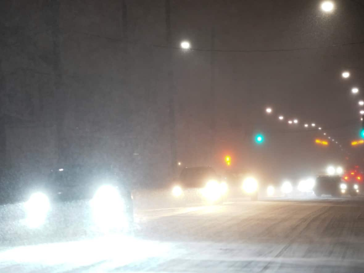 Cars drive during a snow storm in Toronto on Friday. Environment Canada has issued a winter storm warning for much of southern Ontario.  (Arlyn McAdorey/Canadian Press - image credit)