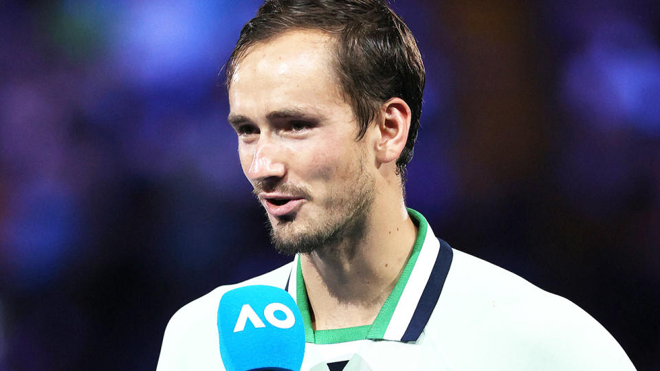 Daniil Medvedev, pictured here in his runner-up speech at the Australian Open.