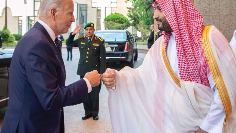 Saudi Arabia's Crown Prince Mohammed bin Salman Al Saud (known as MBS) receives US President Joe Biden at the Royal Palace in Jeddah, Saudi Arabia, on July 15, 2022.