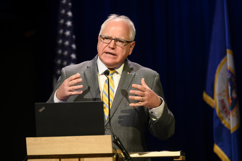 FILE - In this July 30, 2020 file photo, Minnesota Gov. Tim Walz takes part in a news conference in St. Paul, Minn. In an interview with the Minneapolis Star Tribune Monday, Aug. 3, 2020, Mayor Jacob Frey said that Gov. Walz hesitated to send in the National Guard to quell the growing violence after the death of George Floyd and then blamed him for allowing the city to burn. (Aaron Lavinsky/Star Tribune via AP, Pool)