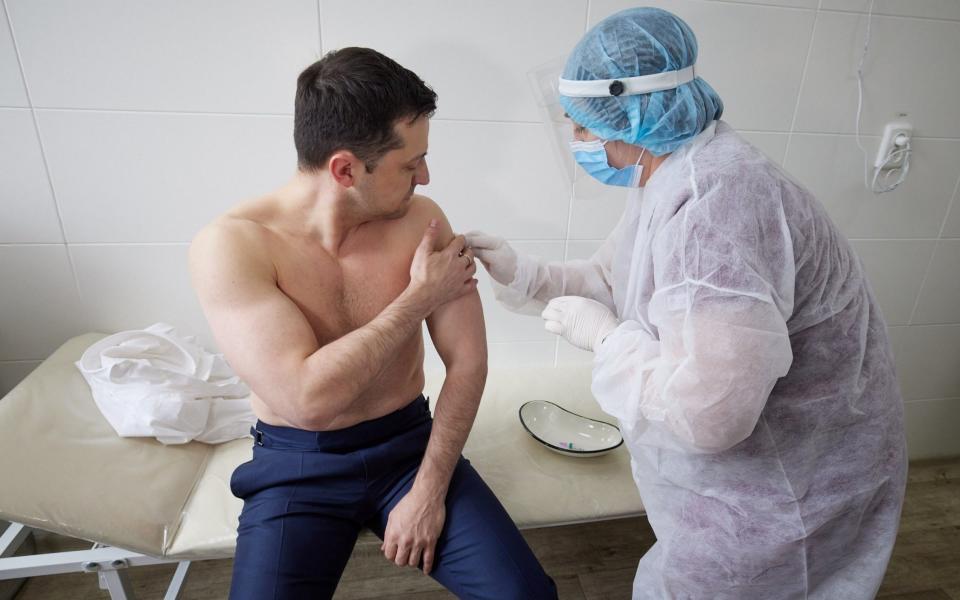 Ukraine's President Zelenskiy receives a dose of a vaccine against the coronavirus disease in eastern Ukraine  - HEALTH-CORONAVIRUS/UKRAINE-PRESIDENT 