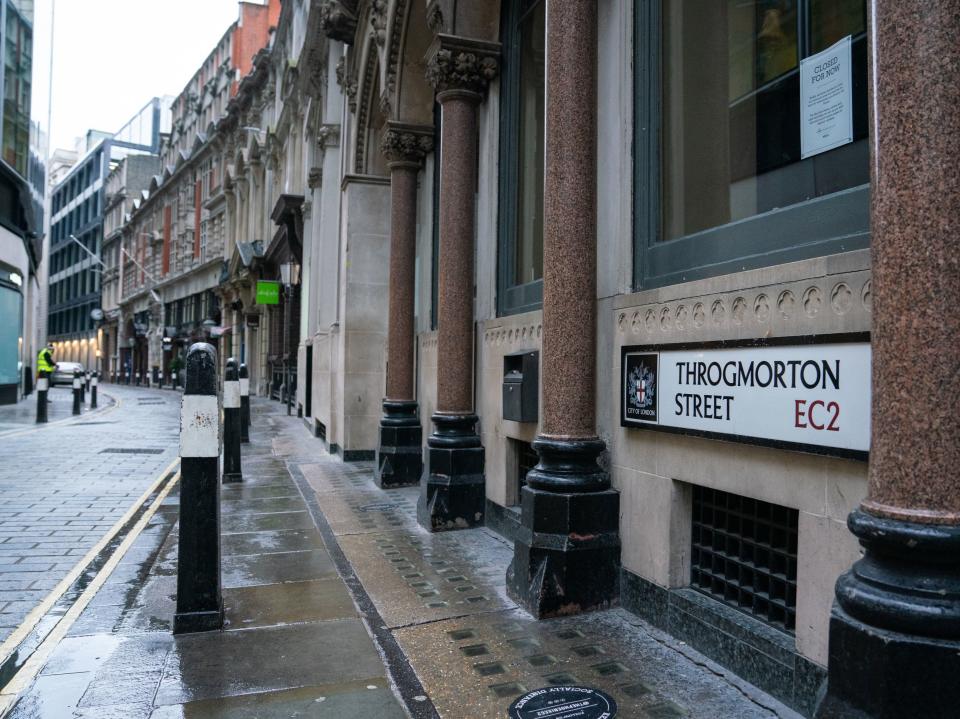 A view of Throgmorton Street in the City financial district of London, where the city's first ever cannabis factory has been discovered close to the Bank of EnglandCity of London Police/PA