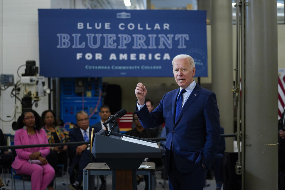 President Joe Biden delivers remarks on the economy at the Cuyahoga Community College Metropolitan Campus, Thursday, May 27, 2021, in Cleveland. (AP Photo/Evan Vucci)