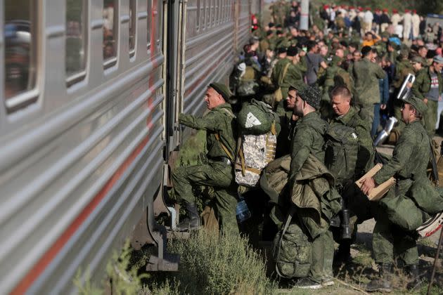 Russian recruits take a train at a railway station in Prudboi, in Russia’s Volgograd region, Thursday, Sept. 29, 2022. President Vladimir Putin announced a partial mobilisation, the first since World War II, amid the war in Ukraine.