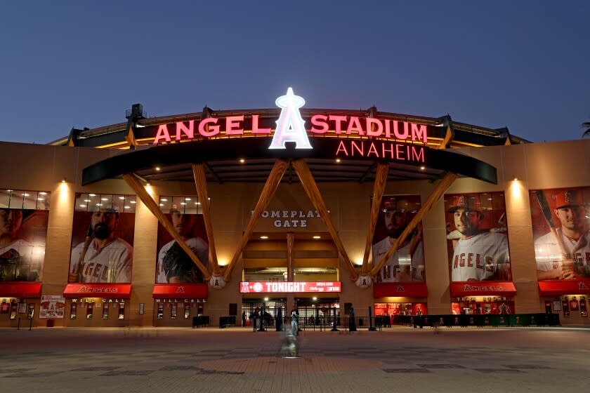 An outside look at Angel Stadium at night