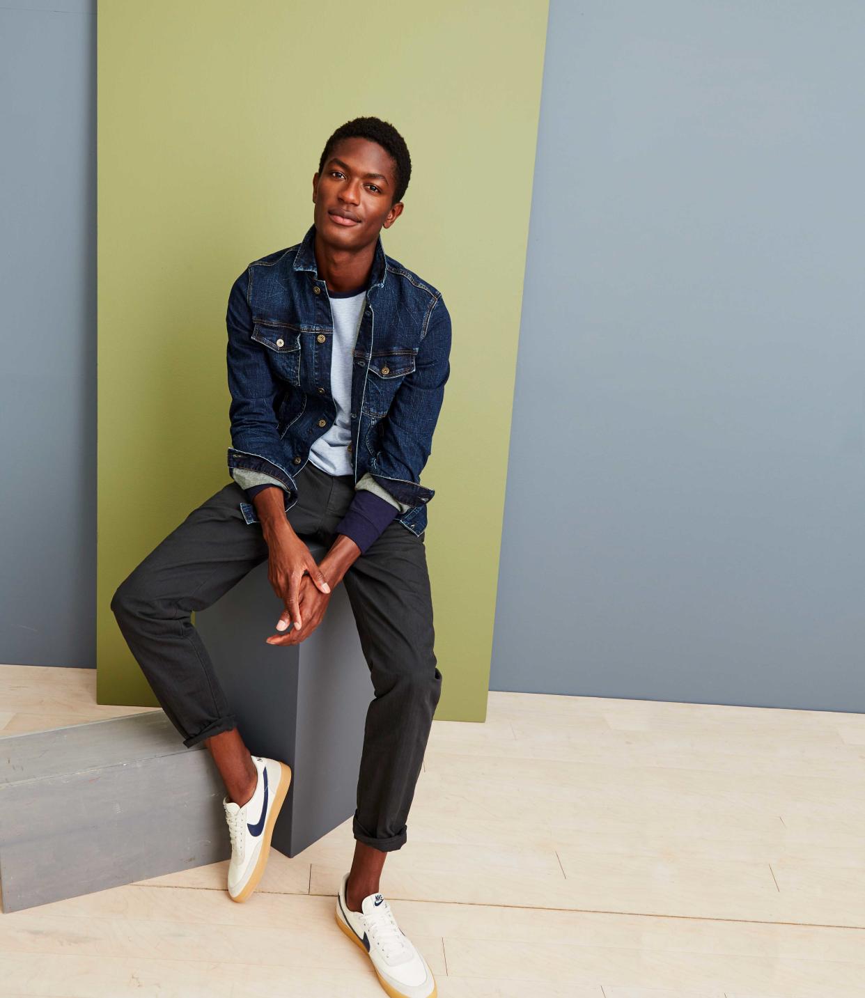 Model wears denim jacket, t-shirt, and trousers from J.Crew’s Mercantile collection, sold on Amazon. (Photo: courtesy of Amazon)