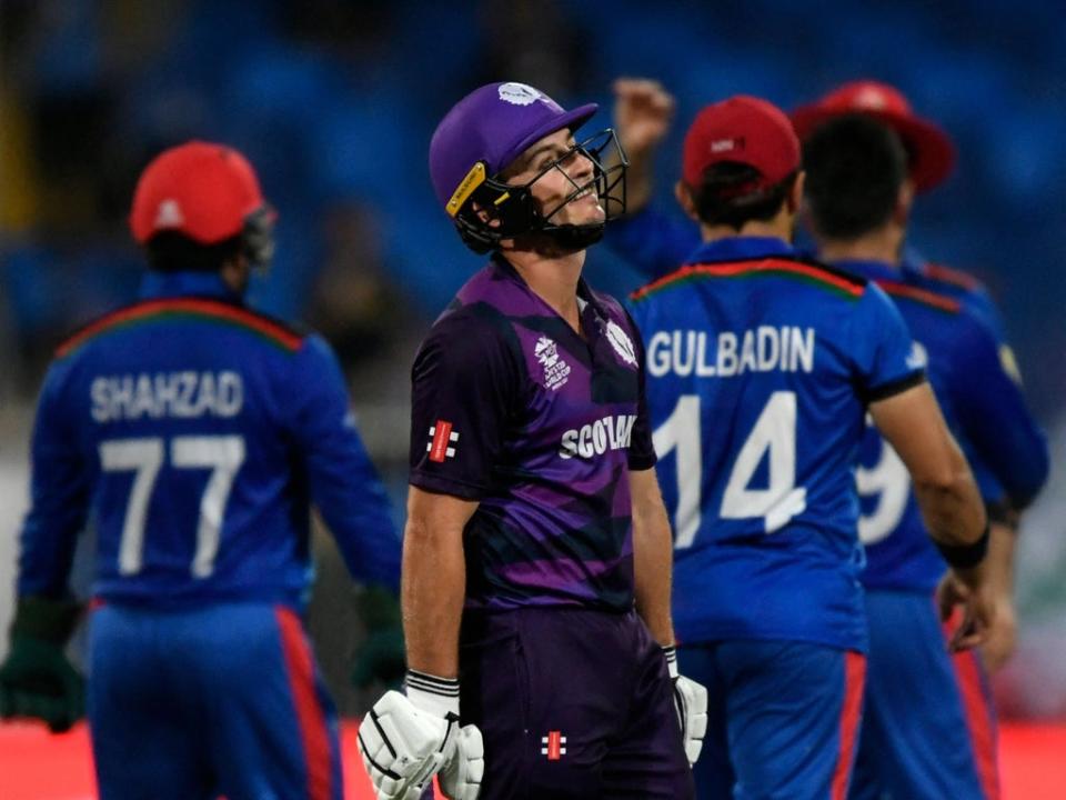 Chris Greaves walks back to the pavilion after his dismissal during Scotland’s ICC Twenty20 World Cup defeat to Afghanistan  (AFP/Getty)