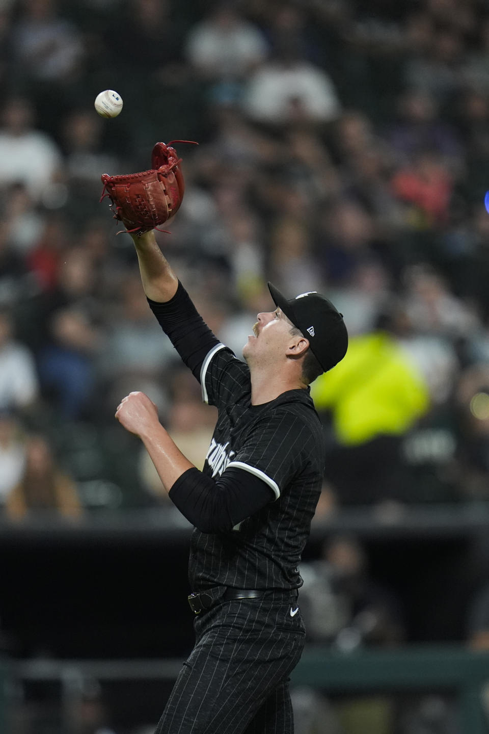 New York Yankees' Alex Verdugo bunt pops out softly to Chicago White Sox's starting pitcher Ky Bush during the fourth inning of a baseball game Monday, Aug. 12, 2024, in Chicago. (AP Photo/Erin Hooley)