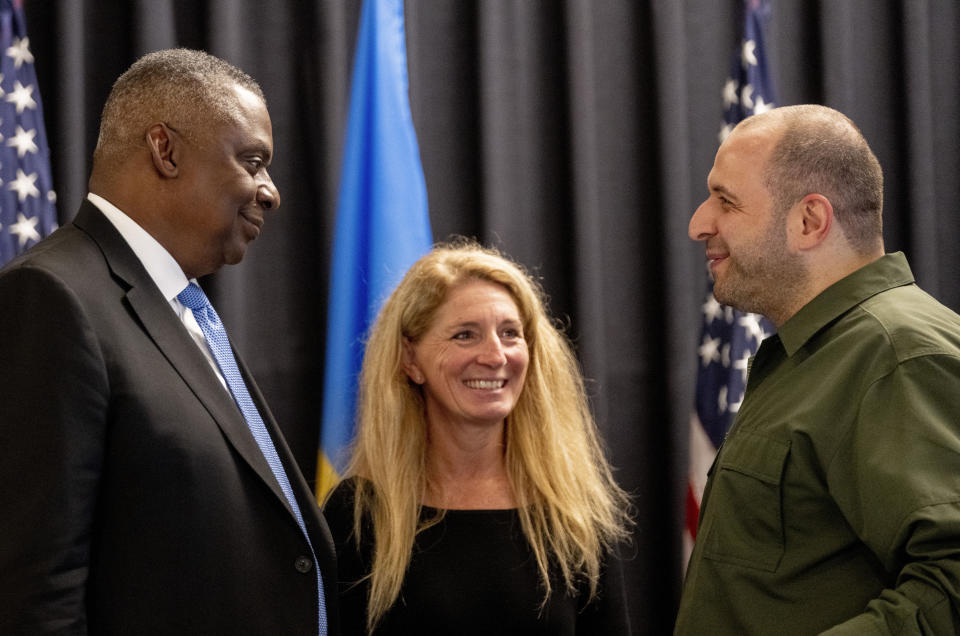 US Defense Secretary Lloyd Austin, left, and Rustem Umerov, Ukraine's Defense Minister attend the meeting of the 'Ukraine Defense Contact Group' at Ramstein Air Base in Ramstein, Germany, Tuesday, Sept. 19, 2023. Austin urged allied defense leaders Tuesday to “dig deep" and provide more air defense systems for Ukraine, to help the country block increasing barrages of Russian missiles. (AP Photo/Michael Probst)