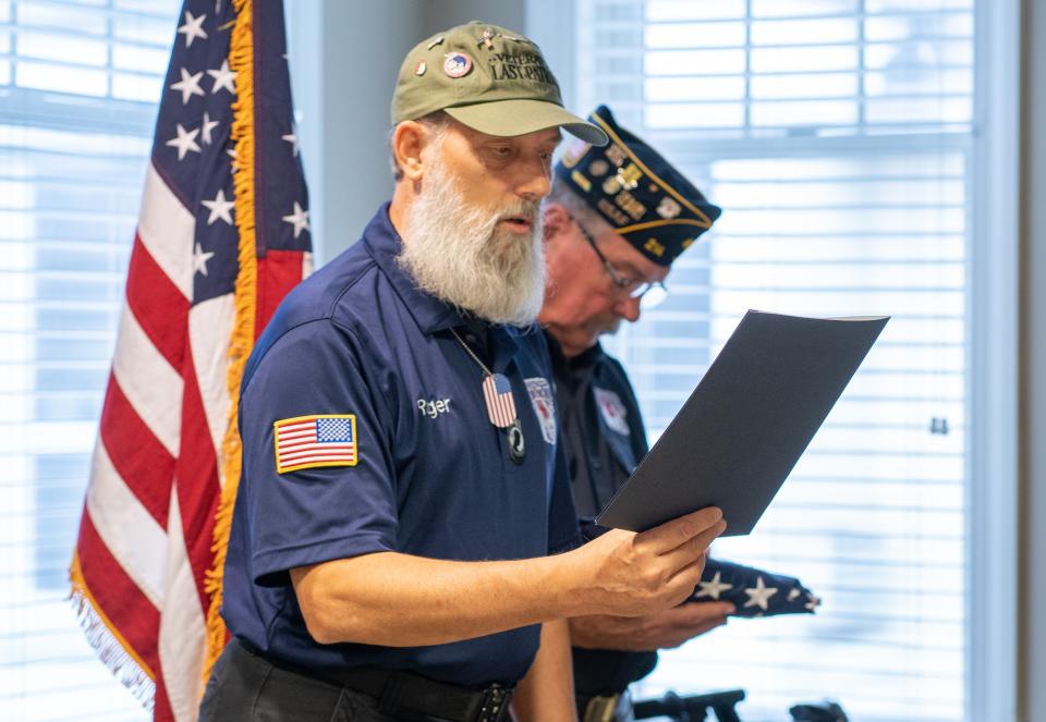 Veterans Last Patrol Upstate Volunteer Captain Roger Williams leads an Honor Ceremony on Nov. 10, 2022 at the Parker assisted living facility in Downtown Greenville.