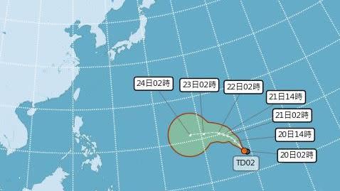 氣象局公布，熱帶性低氣壓TD02的最新路徑潛勢預報圖與暴風圈侵襲機率。（圖／翻攝自中央氣象局）