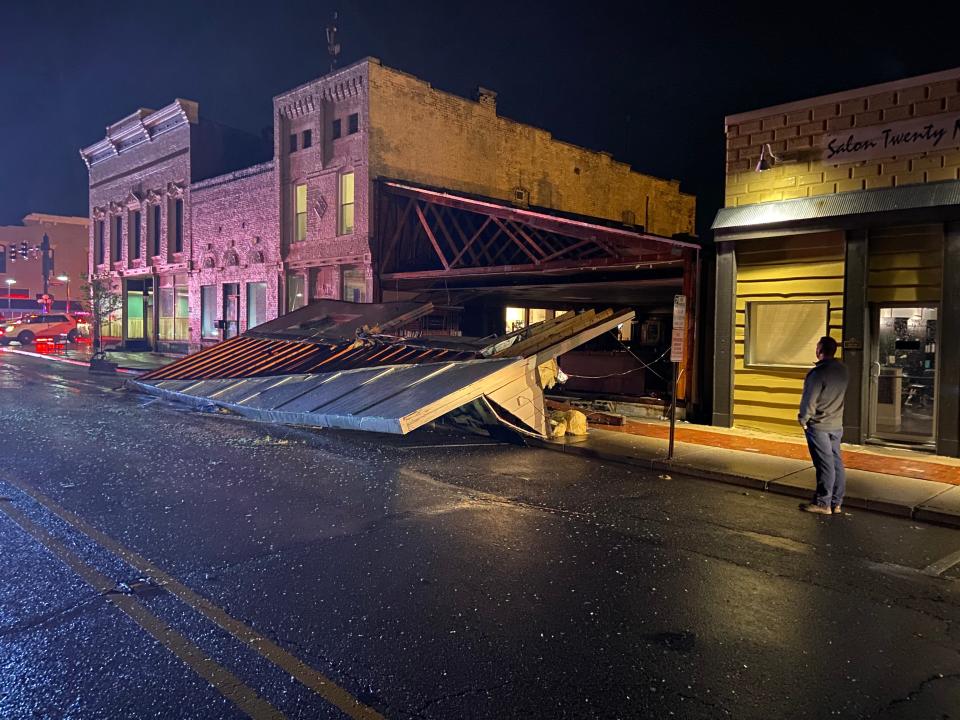 Tornado damage seen in downtown Mooresville, Ind. on April 8, 2020.