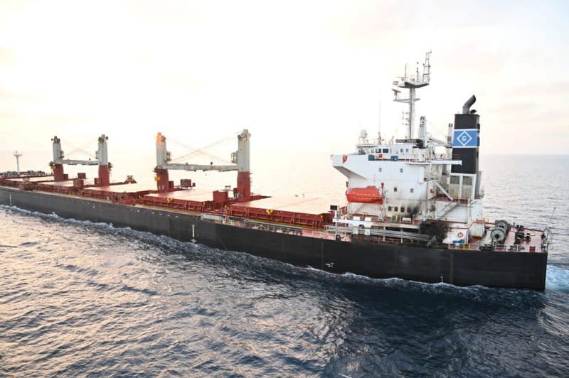 View of the damage caused by a drone attack Jan. 17, 2024, to the U.S.-owned Marshall Island flagged MV Genco Picardy in the Gulf of Aden. File photo by Indian Navy/UPI