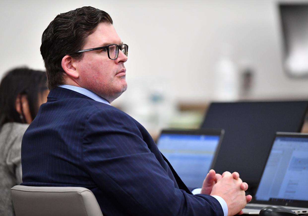 Johns Hopkins All Children's Hospital attorney David Hughes listens to testimony in court Tuesday, Oct. 3, 2023 at the South County Courthouse in Venice, Florida. The Kowalski family is suing Johns Hopkins All Children's Hospital for false imprisonment, negligent infliction of emotional distress, medical negligence, battery, and other claims more than a year after the family matriarch, Beata Kowalski, took her life following allegations she was abusing her daughter, Maya Kowalski. Pool photo/Mike Lang/Sarasota Herald-Tribune