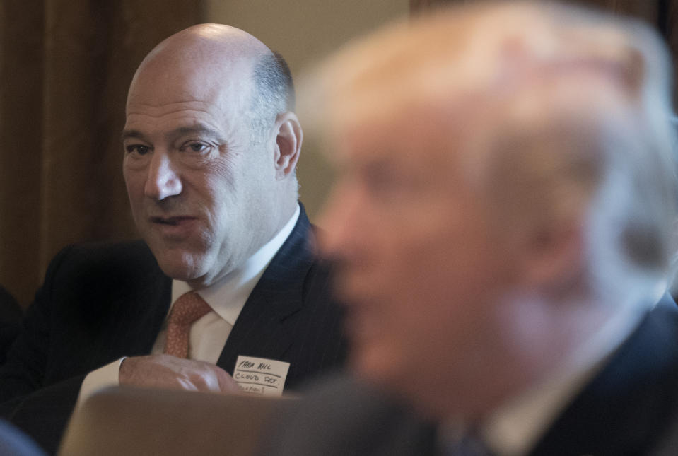 WASHINGTON, DC - MARCH 8:  (AFP OUT) Outgoing Director of the National Economic Council Gary Cohn (Back) listens to US President Donald J. Trump (front) deliver remarks during a meeting with members of his Cabinet, in the Cabinet Room of the White House March 8, 2018 in Washington, DC, (Photo by Michael Reynolds-Pool/Getty Images)