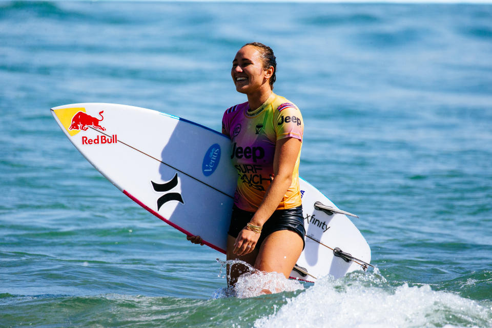 LEMOORE, CA - JUNE 20: Four-time WSL Champion Carissa Moore of Hawaii after surfs in the Women's Bonus Run of the Qualifying Round of the Jeep Surf Ranch Pro presented by Adobe on June 20, 2021 in Lemoore, California. (Photo by Jackson Van Kerk/World Surf League via Getty Images)